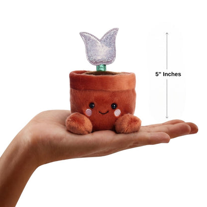 The miniature Holland Potted Tulip plush sitting balanced in an open human hand under a 5-inch height graphic indicator.