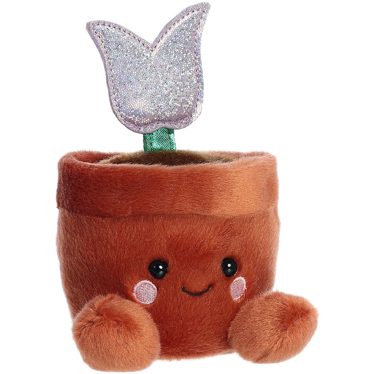 Aurora 5-inch Palm Pals Holland Potted Tulip plush toy showing its terracotta-brown flowerpot body, small plush feet, smiling face, green stem, and shimmering iridescent tulip blossom.