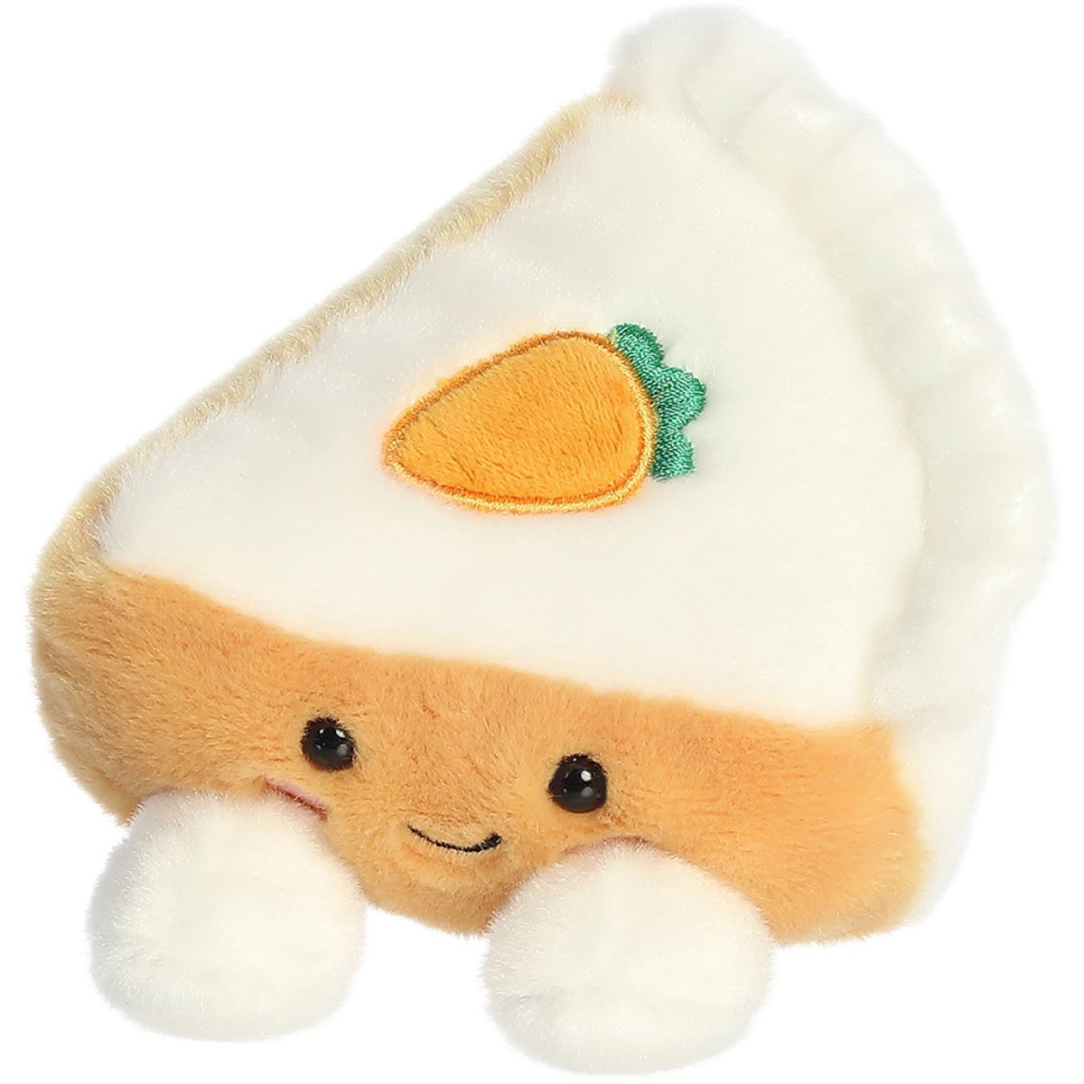 Top down angled view thumbnail of the smiling cake plush highlighting the small green and orange carrot detail on the frosting layer.