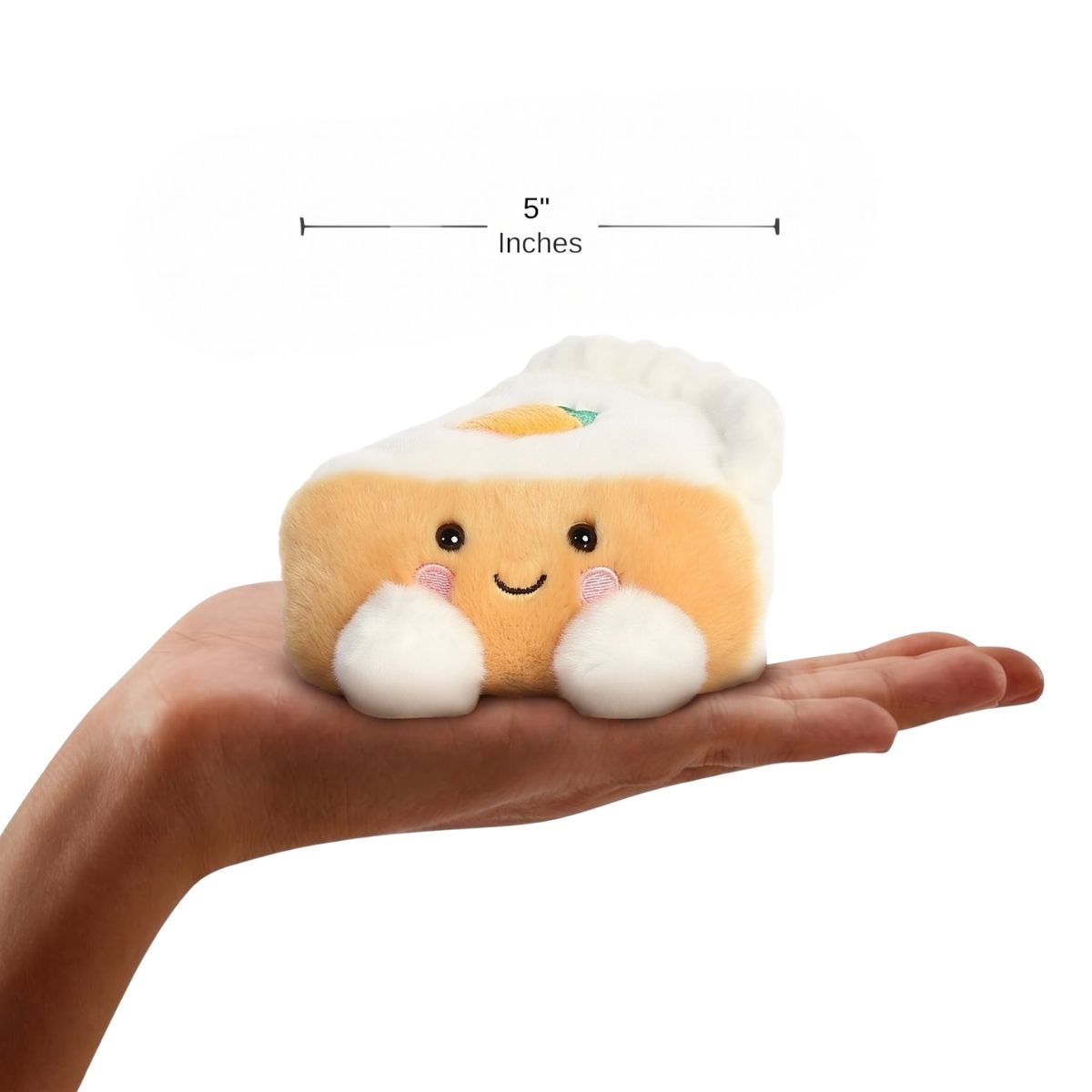 The miniature Carrie Carrot Cake plush sitting balanced in an open human hand under a 5-inch height graphic indicator.