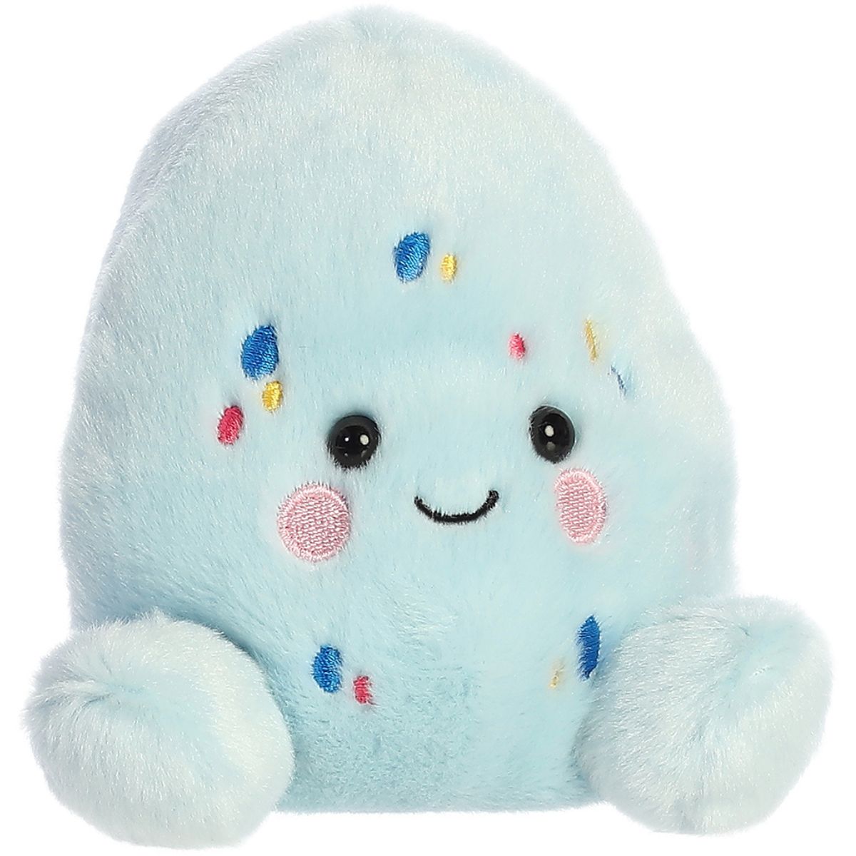 Aurora 5-inch Palm Pals Shellie Robin Egg plush toy sitting at an angle showing its light blue egg shape, multi-colored speckled dots, and happy smiling face.