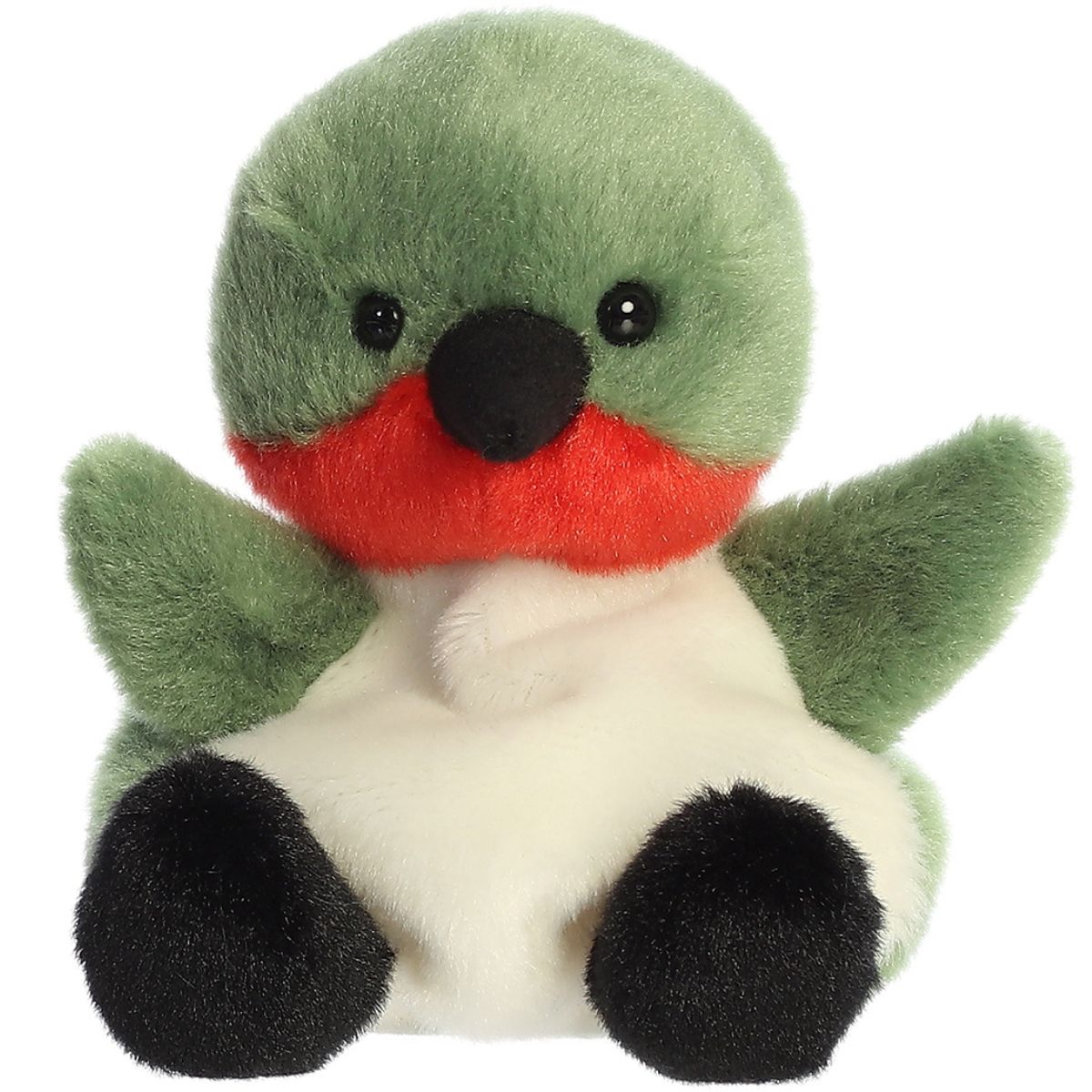Front view thumbnail of the cute Hilda Hummingbird plush sitting straight, highlighting its symmetrical face, outspread small wings, and black feet.