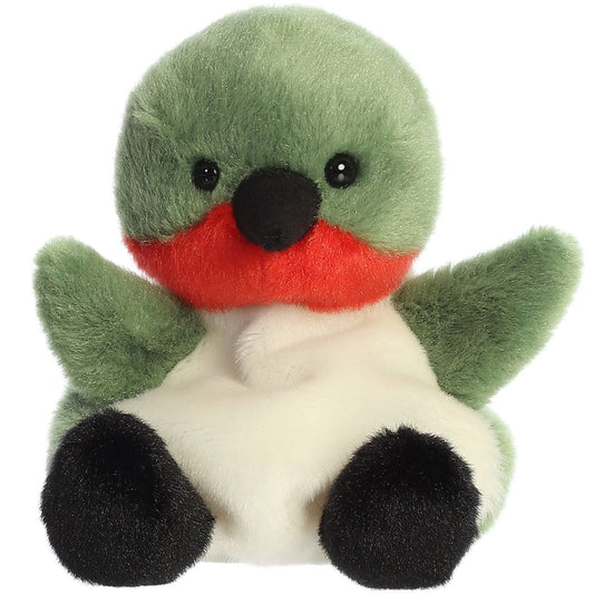 Front view thumbnail of the cute Hilda Hummingbird plush sitting straight, highlighting its symmetrical face, outspread small wings, and black feet.