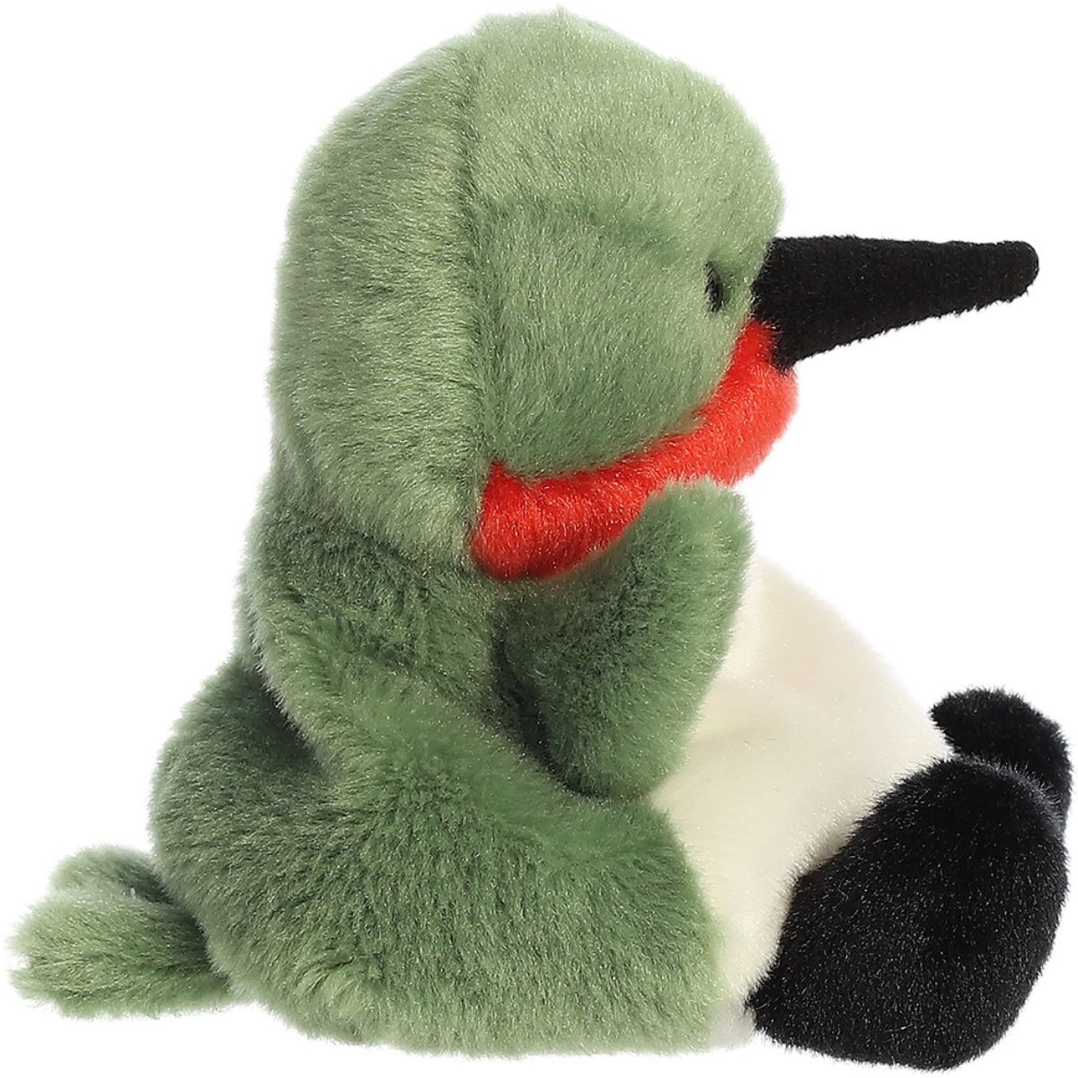 Side profile thumbnail of the mini hummingbird plush showcasing the extension of its black beak, red throat, and soft side posture.