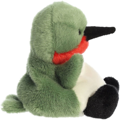 Side profile thumbnail of the mini hummingbird plush showcasing the extension of its black beak, red throat, and soft side posture.