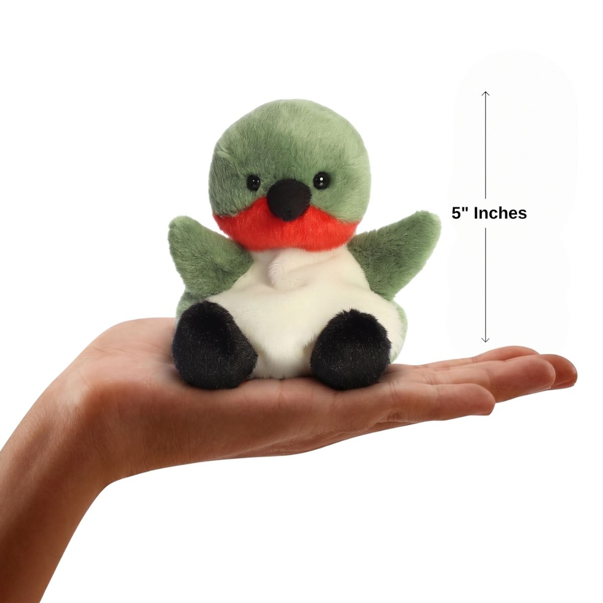 The miniature Hilda Hummingbird plush sitting balanced in an open human hand under a 5-inch height graphic indicator.