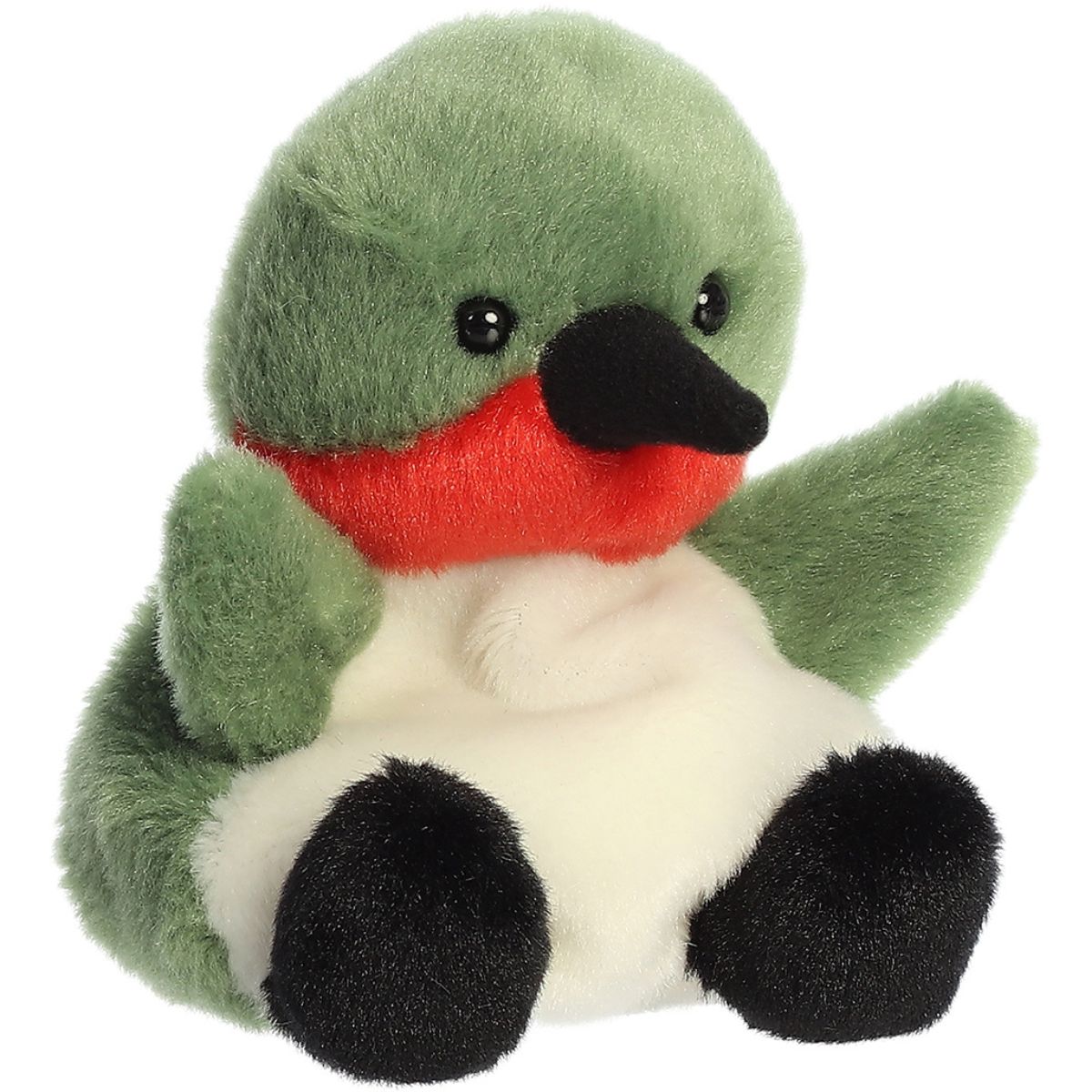 Aurora 5-inch Palm Pals Hilda Hummingbird plush toy sitting at an angle showing its sage-green head, vibrant red throat patch, cream belly, and pointed black beak.