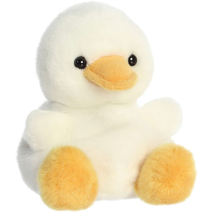Aurora 5-inch Palm Pals Gavin Goose plush toy sitting at an angle showing its cream-white body, bright orange beak, and soft orange feet.
