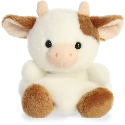 Front view of the adorable Aurora Caroline Brown Cow stuffed animal featuring a sweet face, dark eyes, soft brown ears, and a peach snout.