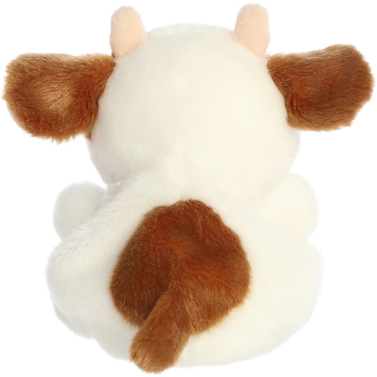 Back view of the Aurora Palm Pals Cow plush toy showing a large brown spot and a cute little brown tail.