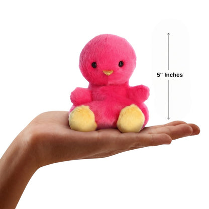 The miniature Peyton Pink Chick plush sitting balanced in an open human hand under a 5-inch height graphic indicator.