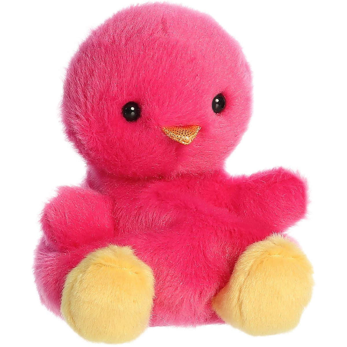 Aurora 5-inch Palm Pals Peyton Pink Chick plush toy sitting at an angle showing its vibrant hot pink fur, shimmering golden beak, and soft yellow feet.