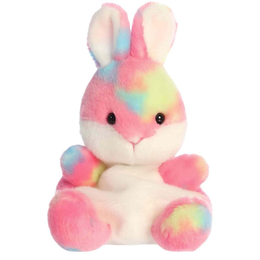 Straight front view of the sitting vibrant pink bunny plush showing its fluffy white belly, sweet black eyes, and colorful ears.