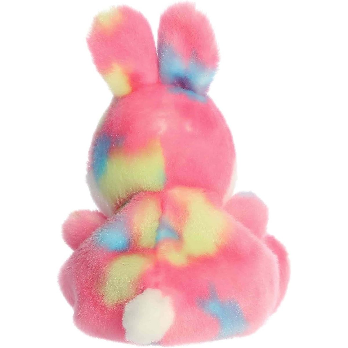 Back view of the Aurora bunny plush showcasing its colorful bright pink tie-dye coat and tiny white plush tail.