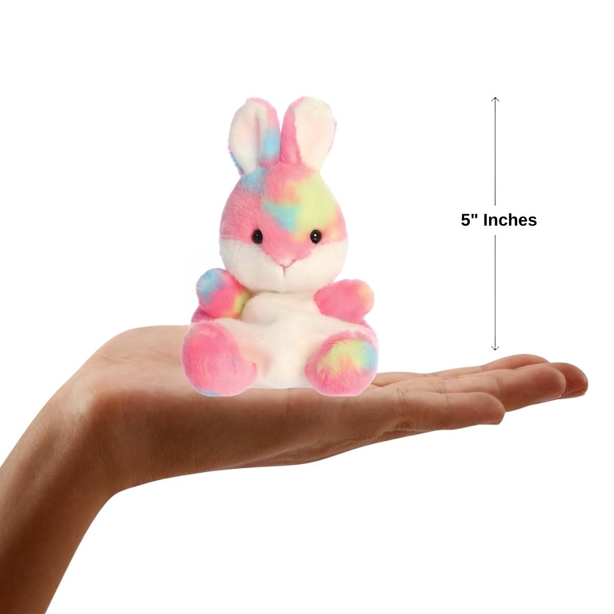 Sizing graphic showing the 5-inch Palm Pals Bubblegum Jellybean Bunny plush sitting perfectly in the palm of a hand to demonstrate its small scale.