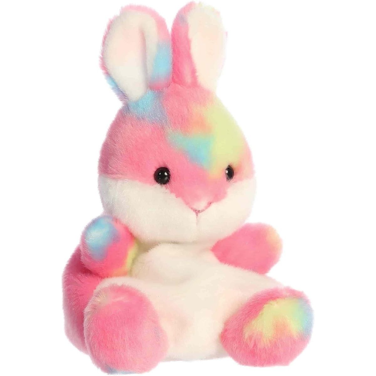 Front angled view of the 5-inch Aurora Palm Pals Bubblegum Jellybean Bunny plush toy featuring a bright pink tie-dye coat with blue, yellow, and green splashes.
