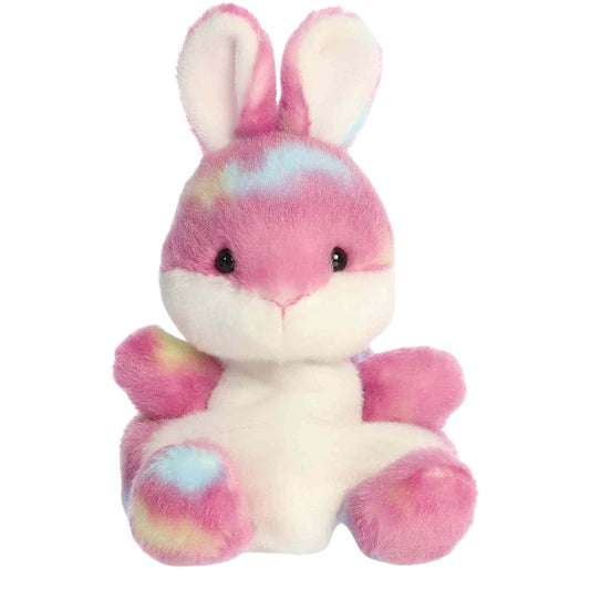 Straight front view of the sitting berry pink bunny plush showing its fluffy white belly, sweet black eyes, and colorful ears.
