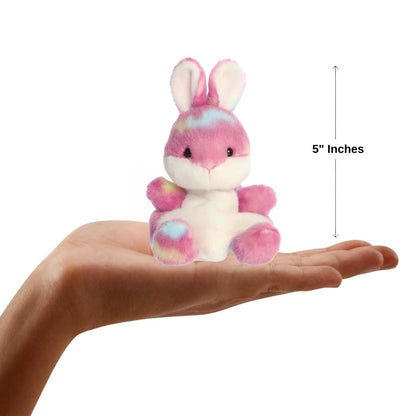 Sizing graphic showing the 5-inch Palm Pals Buniberry Jellybean Bunny plush sitting perfectly in the palm of a hand to demonstrate its small scale.
