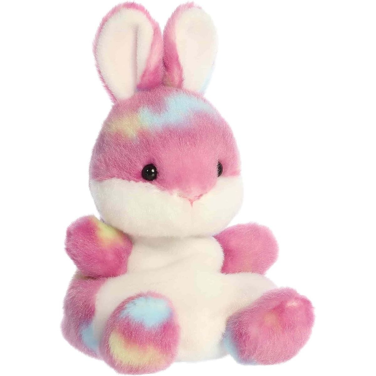 Front angled view of the 5-inch Aurora Palm Pals Buniberry Jellybean Bunny plush toy featuring a bright berry-pink tie-dye coat with blue and yellow splashes.