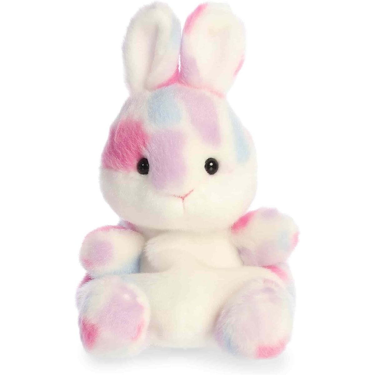 Straight front view of the sitting pastel bunny plush showing its sweet black eyes, pink stitched nose, and colorful ears.