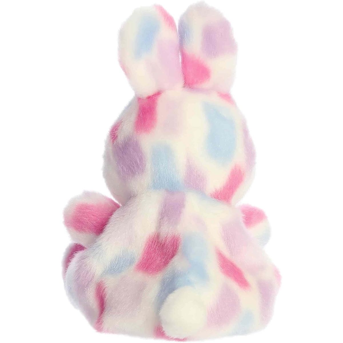 Back view of the Aurora bunny plush showcasing its colorful pastel spotted coat and tiny plush tail.