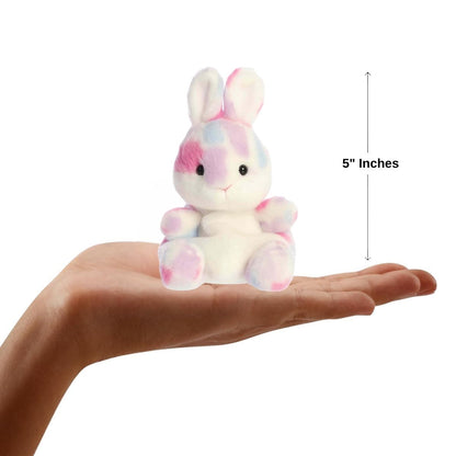 Sizing graphic showing the 5-inch Palm Pals Marta Mosaic Bunny plush sitting perfectly in the palm of a hand to demonstrate its small scale.
