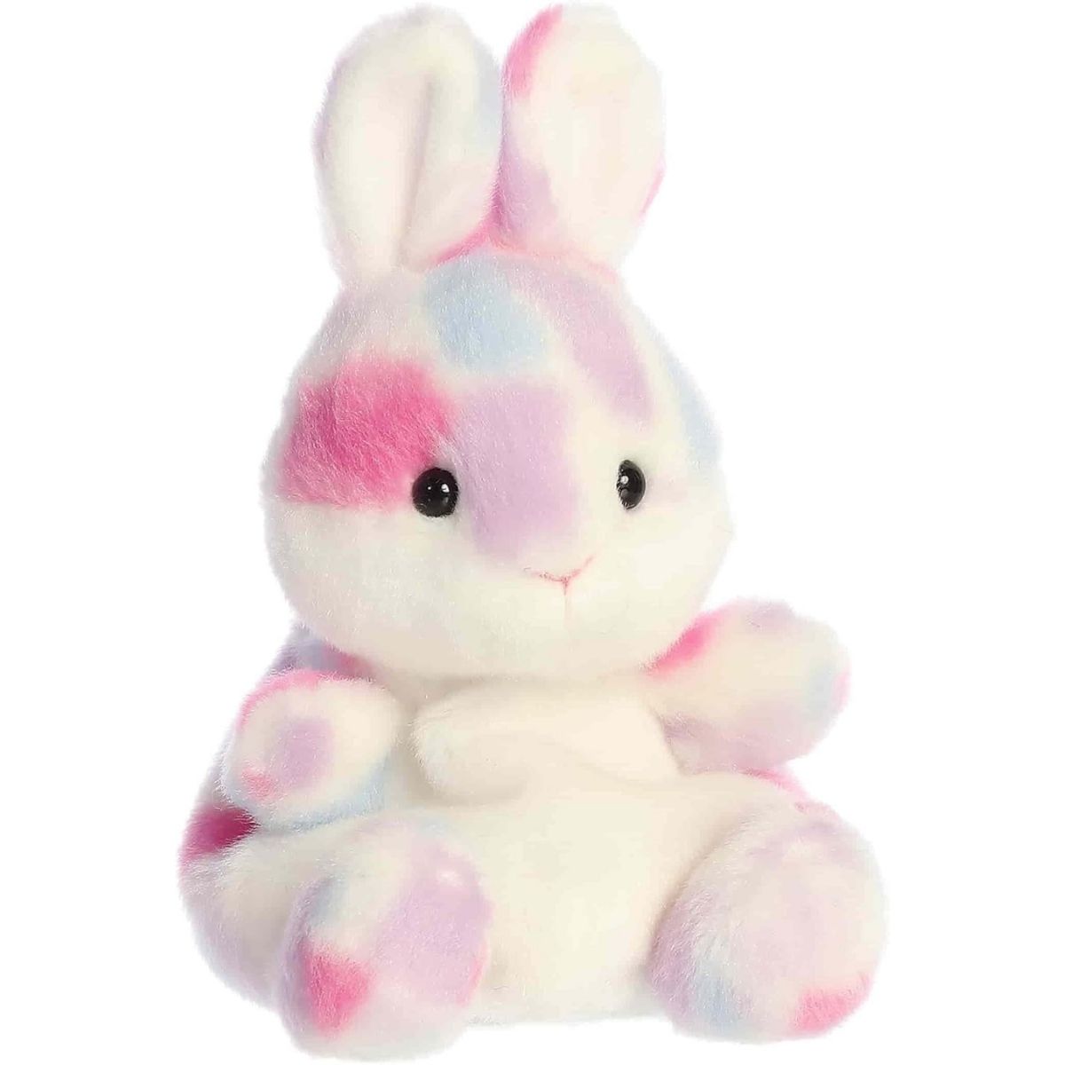 Front angled view of the 5-inch Aurora Palm Pals Marta Mosaic Bunny plush toy featuring a white coat with pastel pink, purple, and blue spots.