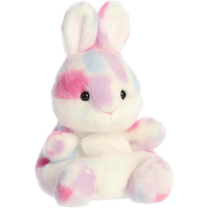 Front angled view of the 5-inch Aurora Palm Pals Marta Mosaic Bunny plush toy featuring a white coat with pastel pink, purple, and blue spots.