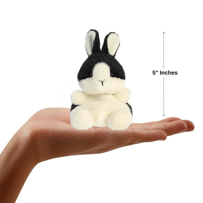 Dimension graphic showing the 5-inch Aurora Palm Pals Jan Dutch Bunny resting comfortably in a person's hand.