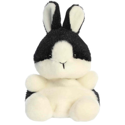 Straight-on front view of the 5-inch Aurora Palm Pals Jan Dutch Bunny stuffed animal showing its black and white face.