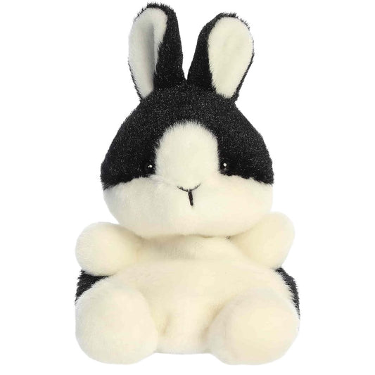 Straight-on front view of the 5-inch Aurora Palm Pals Jan Dutch Bunny stuffed animal showing its black and white face.