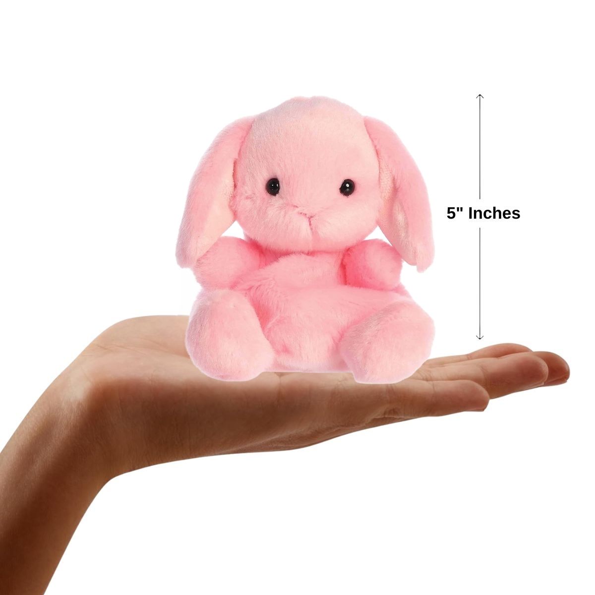 Dimension graphic showing the 5-inch Aurora Palm Pals Petal Pink Lop Bunny resting comfortably in a person's hand.