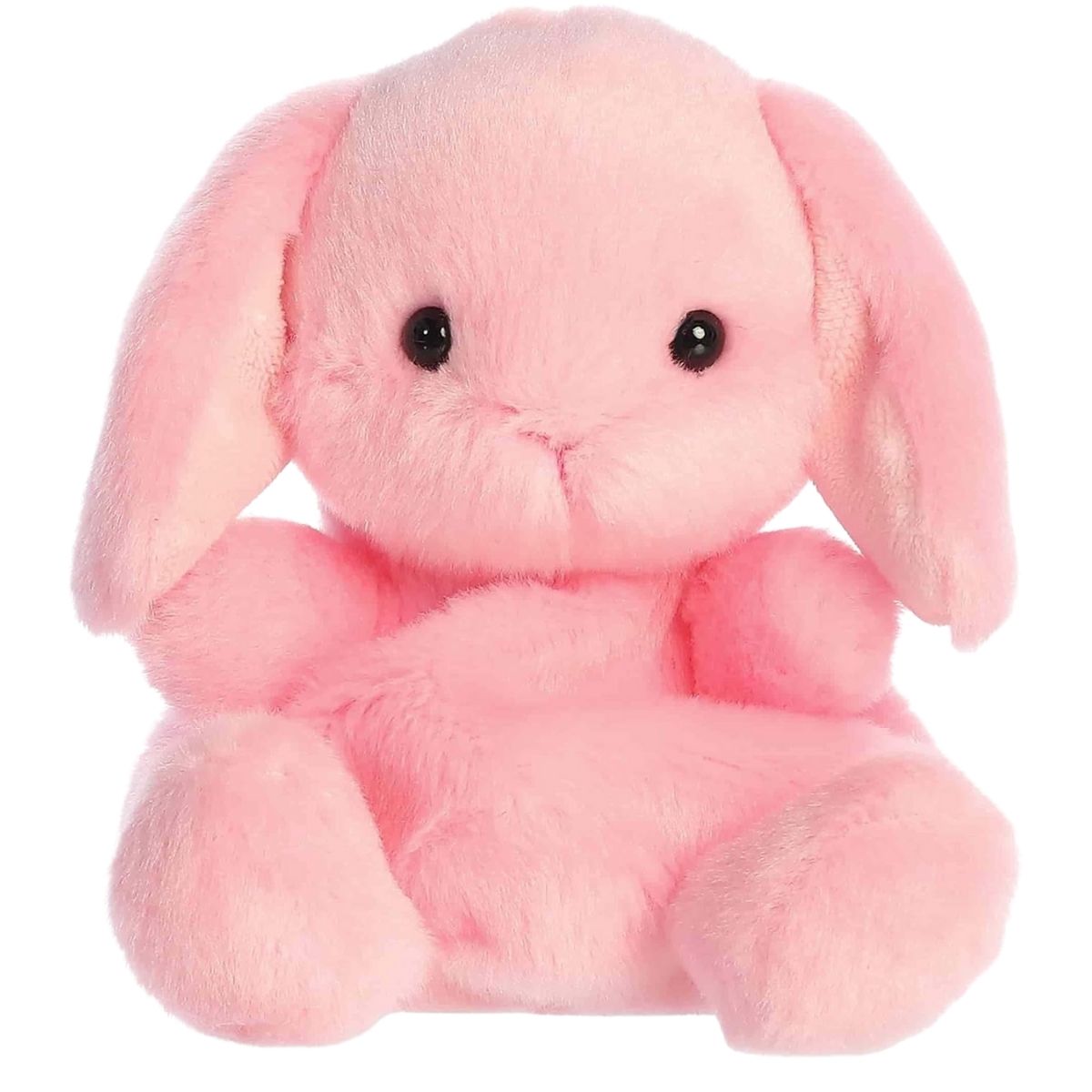 Straight-on front view of the 5-inch Aurora Palm Pals Petal Pink Lop Bunny stuffed animal showing its long floppy ears.