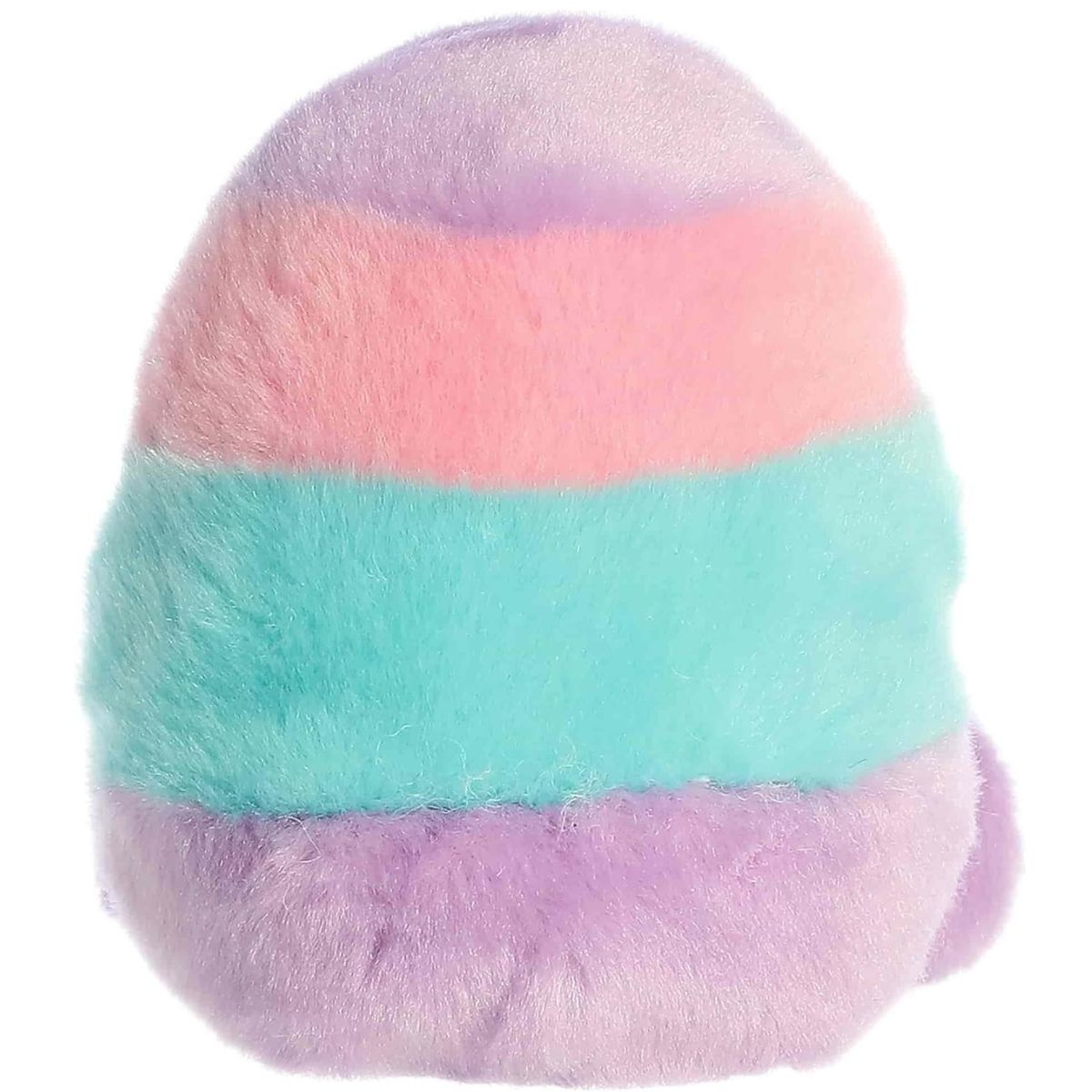 Direct back view of the cuddly pastel Palm Pals Easter egg stuffed animal showing its continuous striped pattern.