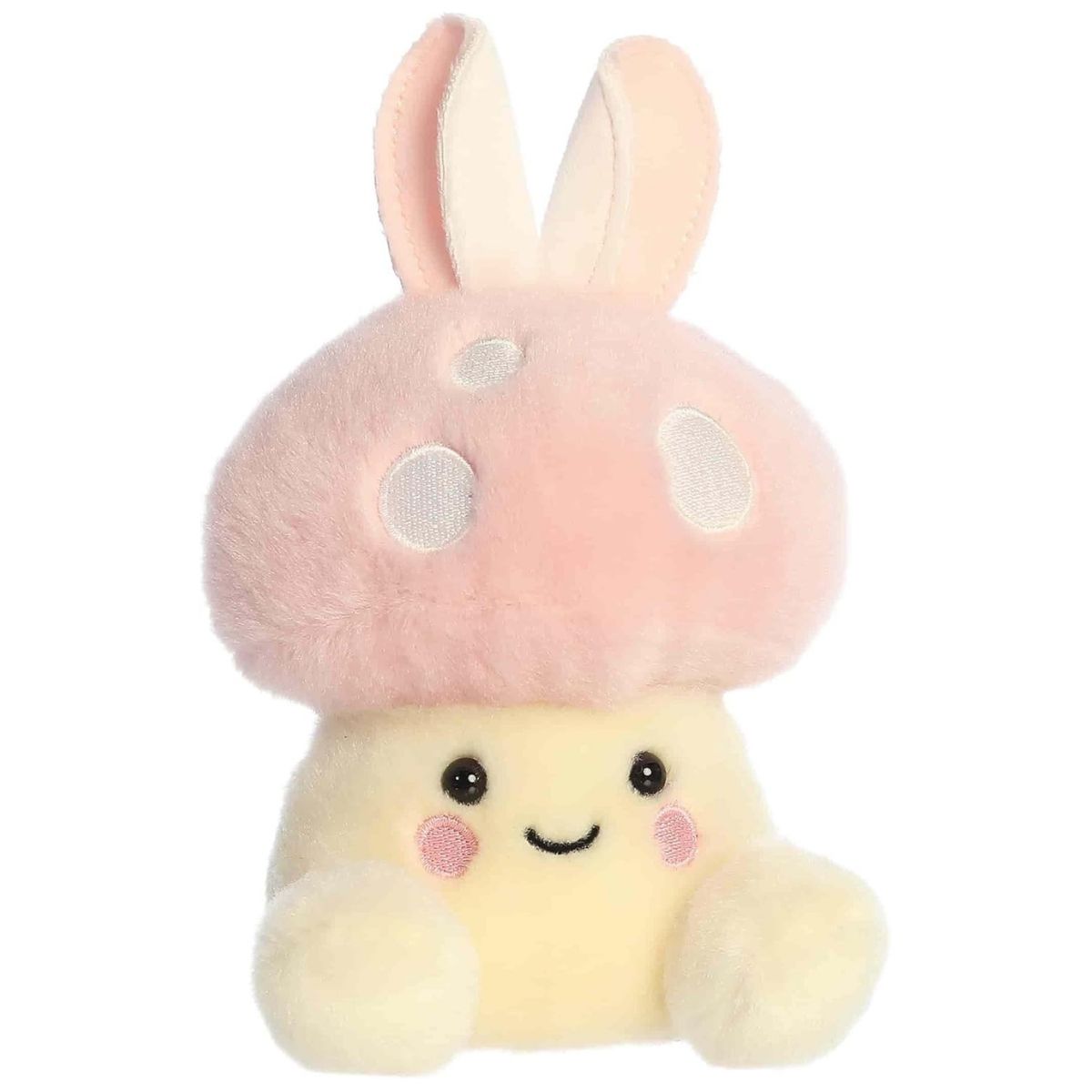 Front view of the 5-inch Aurora Palm Pals Diana Bunny Mushroom plush toy featuring a pastel pink mushroom cap with white spots and pink bunny ears.