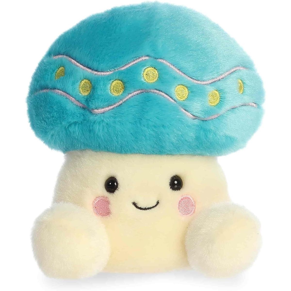 Front view of the Aurora Palm Pals 5-inch Dipper Easter Mushroom plush sitting upright, showing its bright blue cap with pink and yellow details.