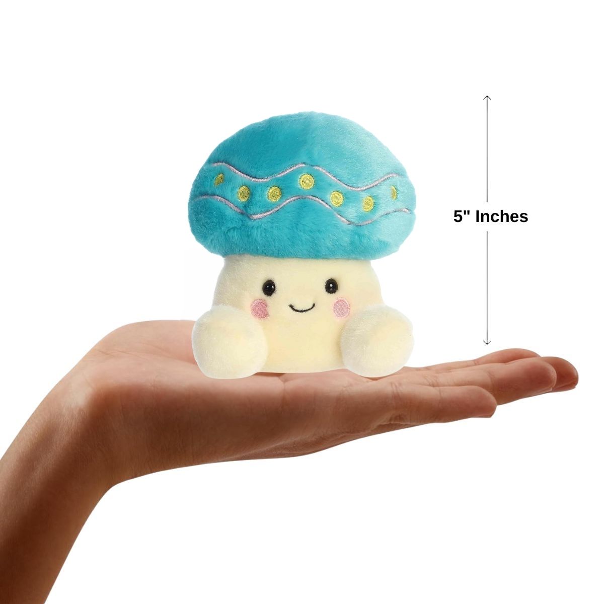 Sizing graphic for the Aurora Palm Pals Dipper Easter Mushroom plush showing it sitting perfectly in the palm of a hand, indicating a total height of 5 inches.