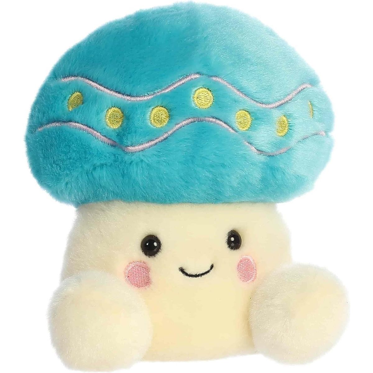 Angled front view of the adorable Aurora Dipper Easter Mushroom stuffed animal featuring a sweet smile, rosy pink cheeks, dark eyes, and a cream-colored body.