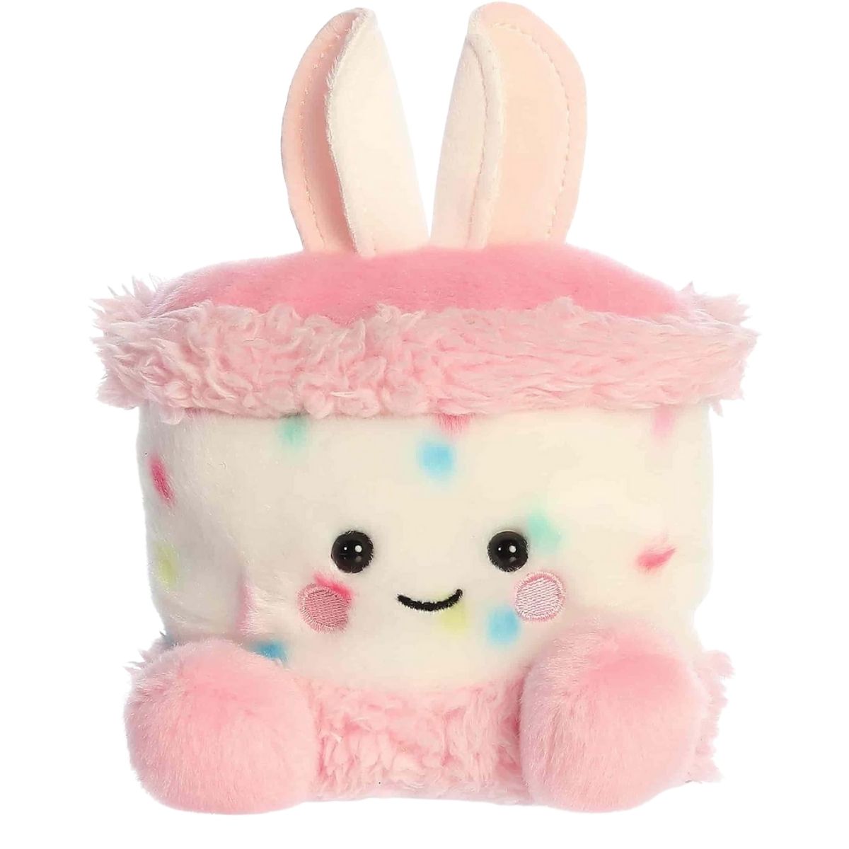 Front view of the Aurora Palm Pals 5-inch Bubbi Bunny Cake plush sitting upright, showing its speckled white body, pink frosting trim, and bunny ears.