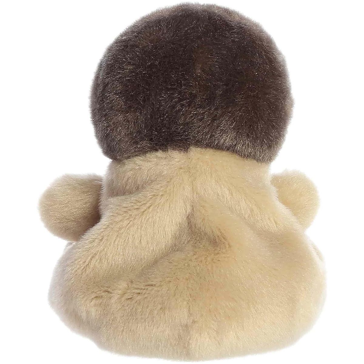Direct back view of the small Palm Pals bird stuffed animal showing its dark brown head and light tan back.