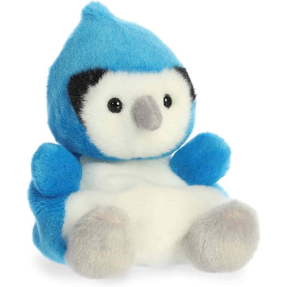 Angled front view of the adorable Aurora Chatters Blue Jay stuffed animal featuring a sweet face, grey beak, and soft grey feet.