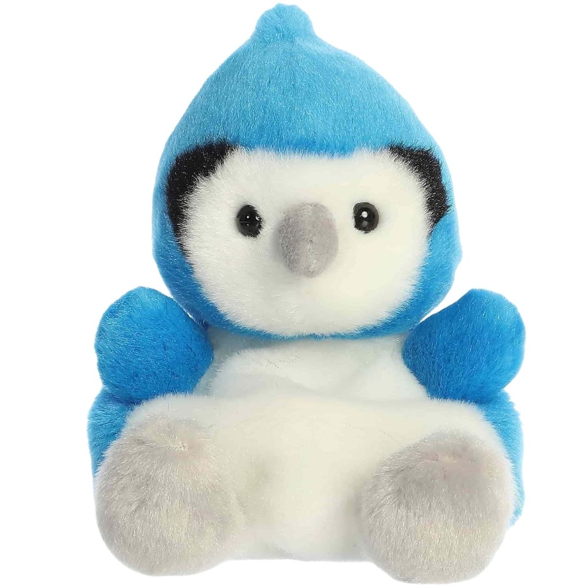 Front view of the Aurora Palm Pals 5-inch Chatters Blue Jay plush sitting upright, showing its bright blue body, white belly, and black eye markings.