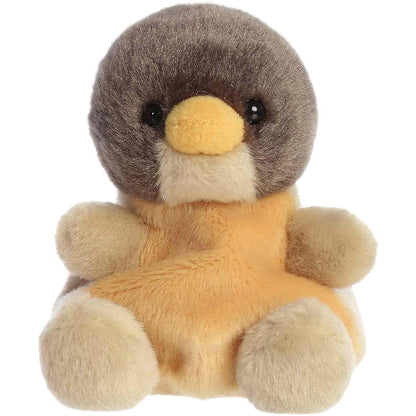 Straight-on front view of the 5-inch Aurora Palm Pals Rudi Robin stuffed animal sitting upright, showing its dark head and peachy belly.
