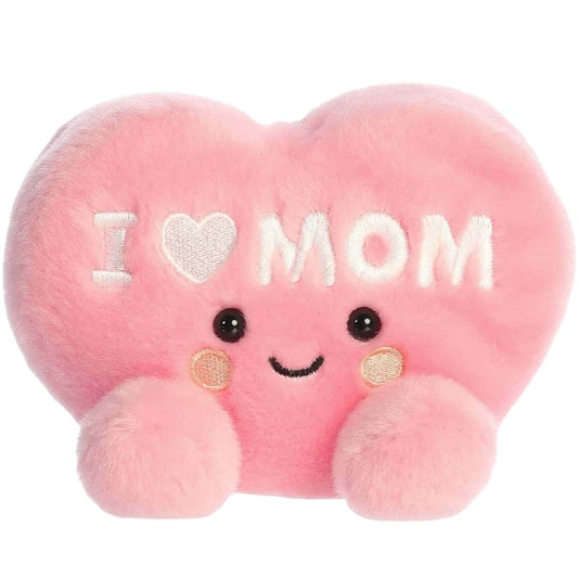 Front view of the 5-inch Aurora Palm Pals pink heart plush toy featuring I Love Mom embroidery.