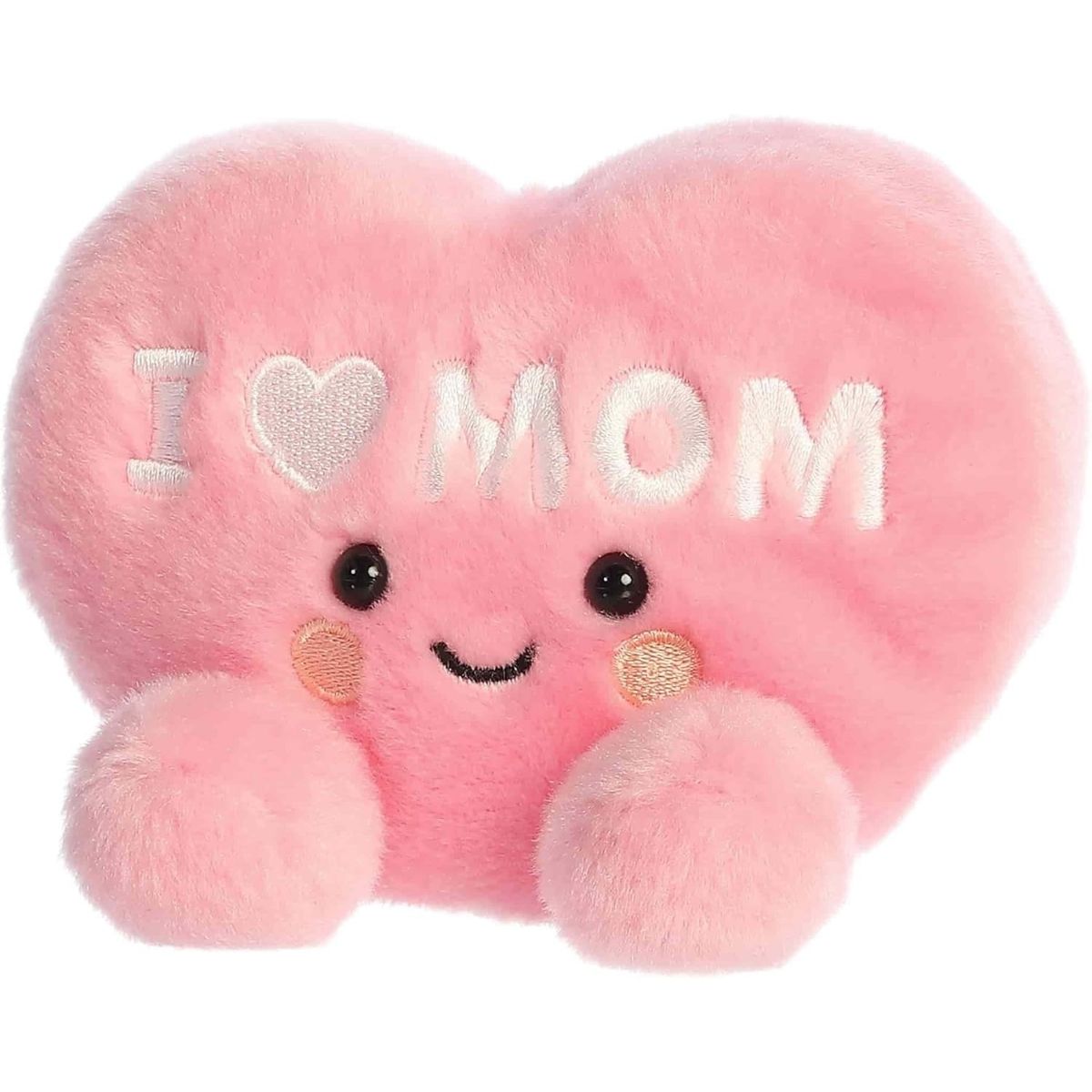 Close-up view of the cheerful Palm Pals I Love Mom Heart plush showing its smiling face and pink cheeks.