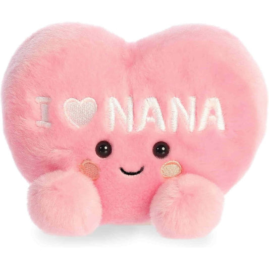 Front view of the 5-inch Aurora Palm Pals pink heart plush toy featuring I Love Nana embroidery.