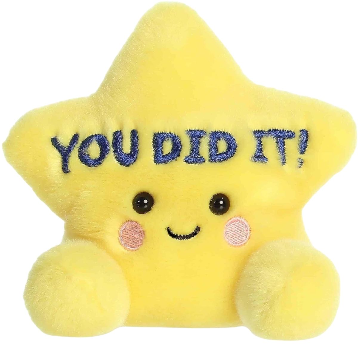 Front view of the 5-inch Aurora Palm Pals You Did It yellow star plush toy featuring a smiling face and blue embroidered text.