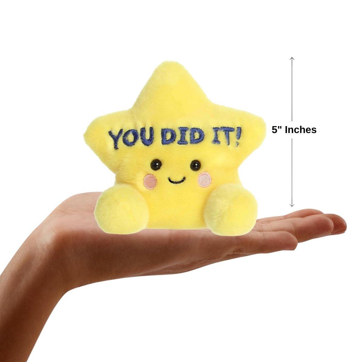 Sizing graphic showing the 5-inch Palm Pals star plush sitting perfectly in the palm of a hand to demonstrate its small scale.