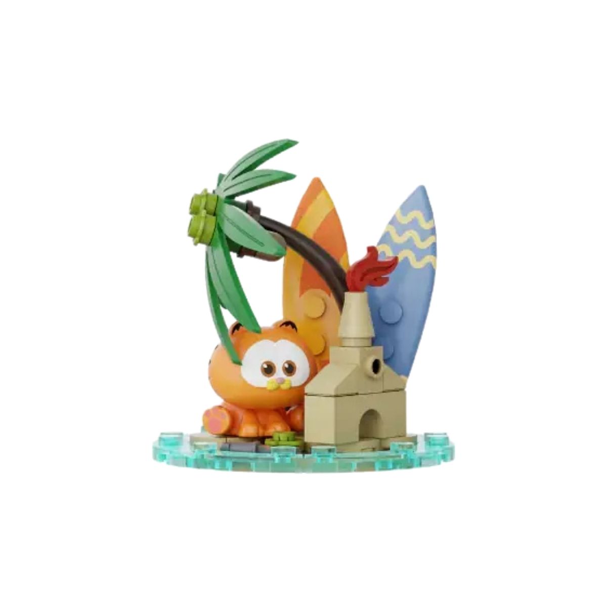 Pantasy Garfield mini-figure relaxing on a tropical beach inside the clear crystal ball display.