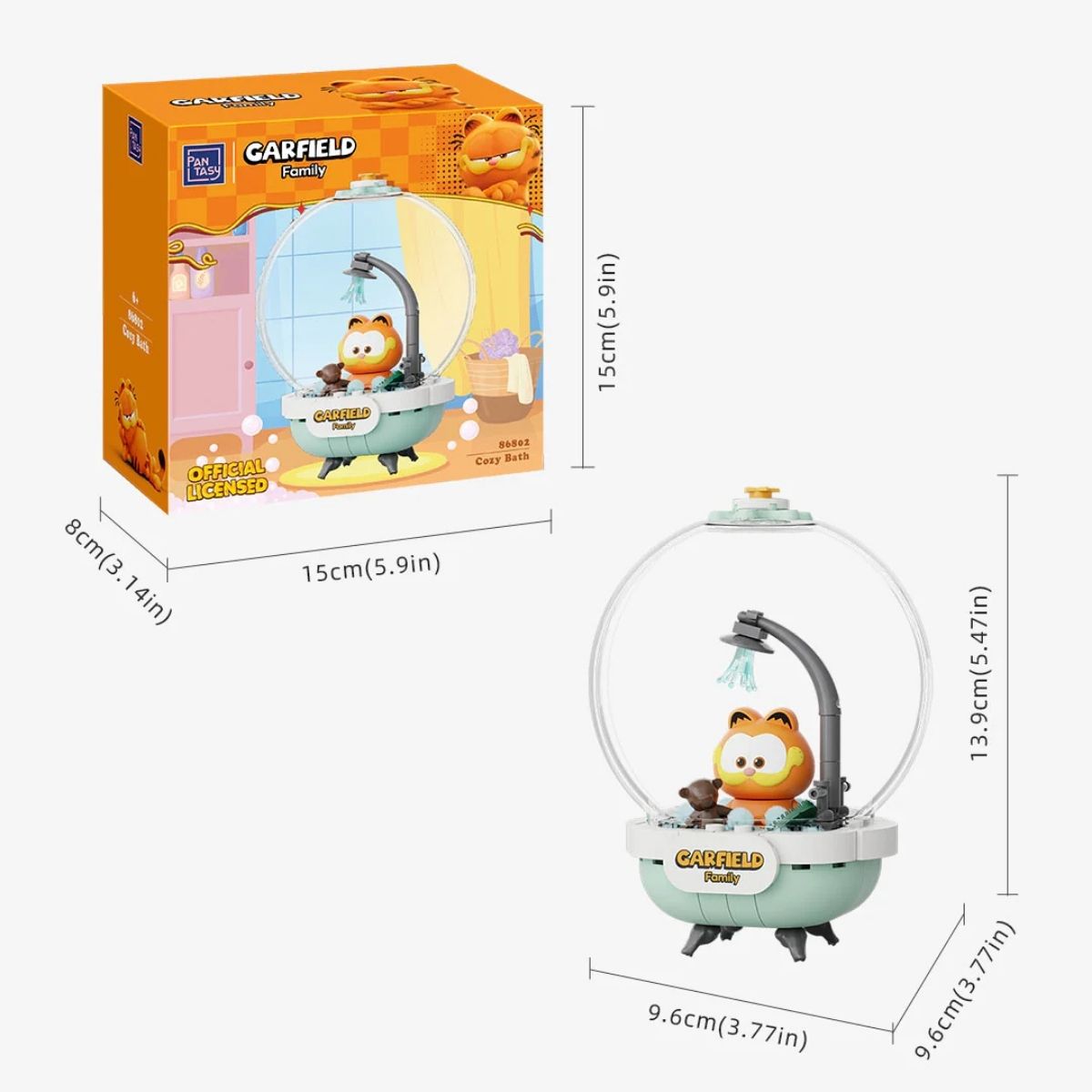 Detailed dimensions and size guide for the Pantasy Garfield Cozy Bath Crystal Ball model.